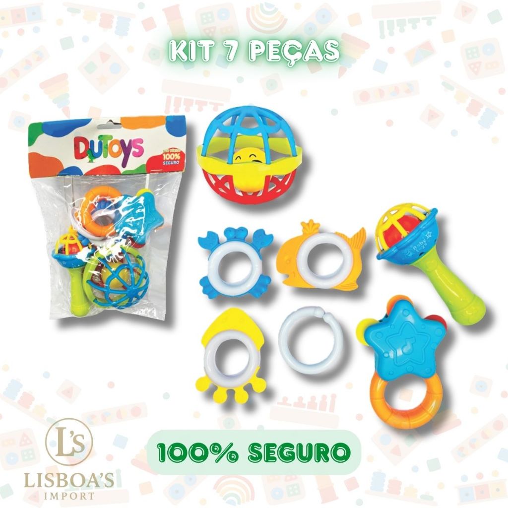 Kit 7 Peças - Bolinha Chocalho e Mordedor para Bebê Sensorial – Macio, Colorido