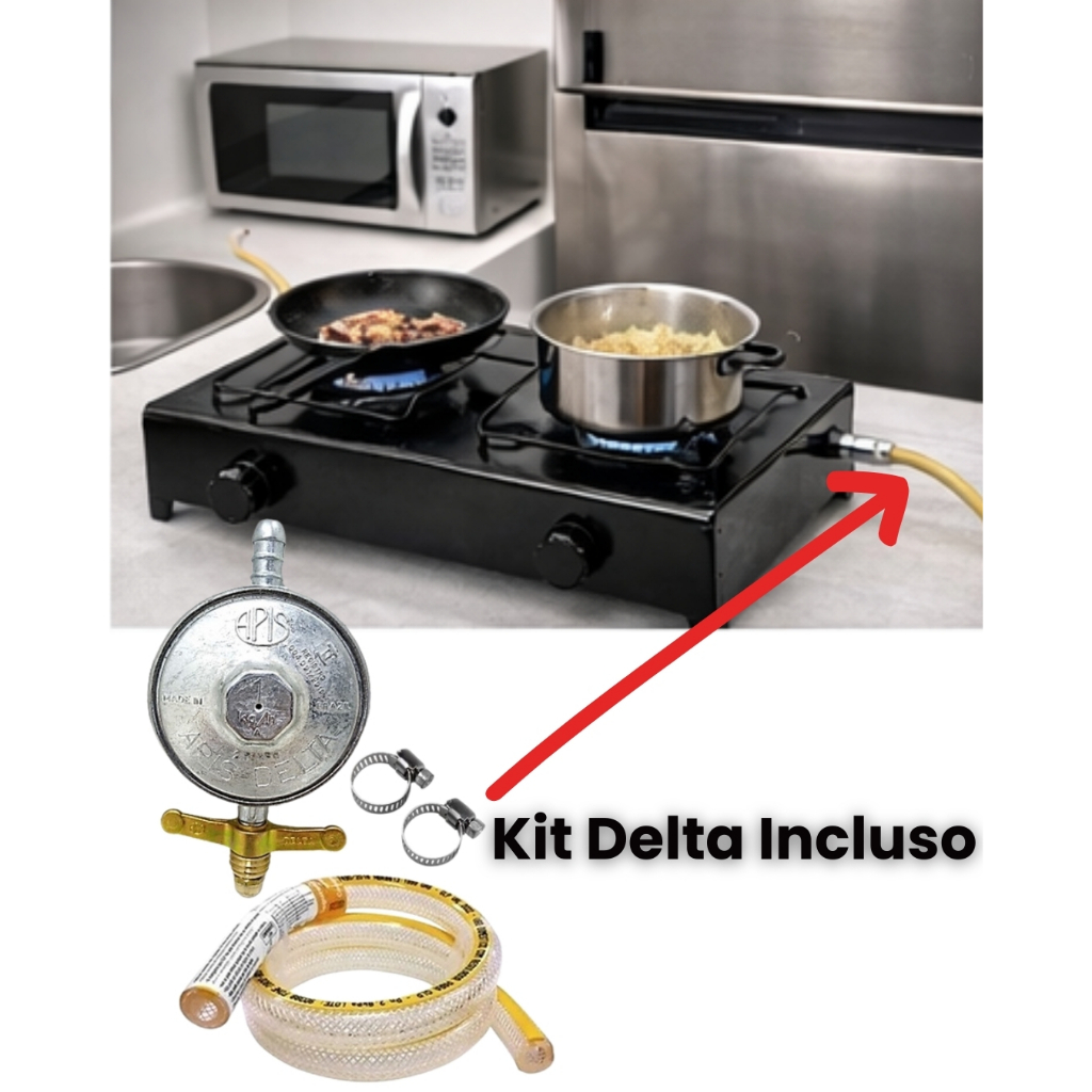 Fogareiro 2 Bocas A Gás Portátil Com Kit Delta Fogão Kit Completo Regulador De Chamas GLP