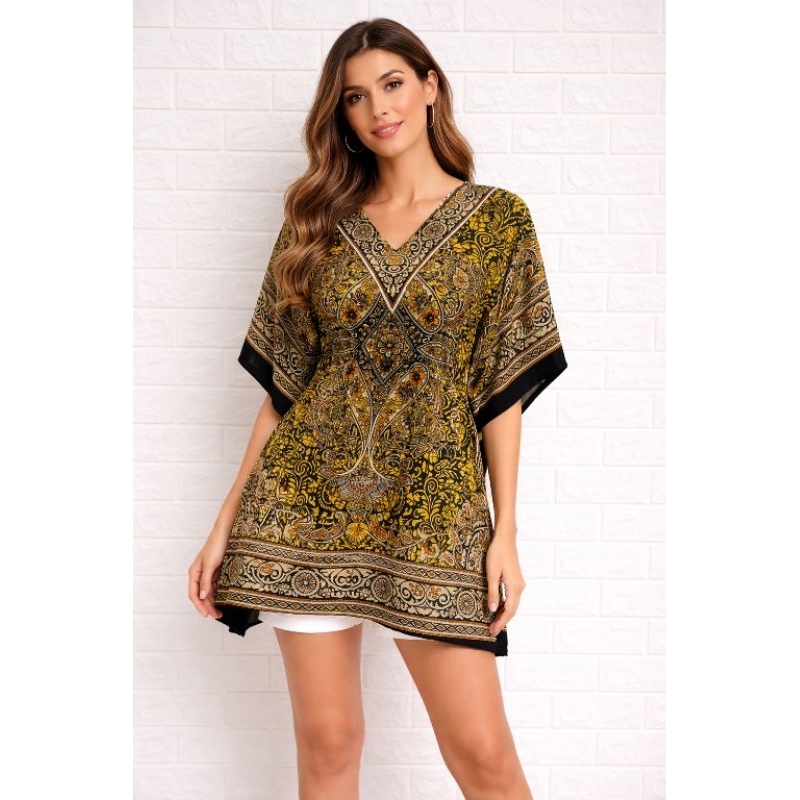 kaftan curta vestido moda indiana com ajuste na cintura veste 40 ao 50
