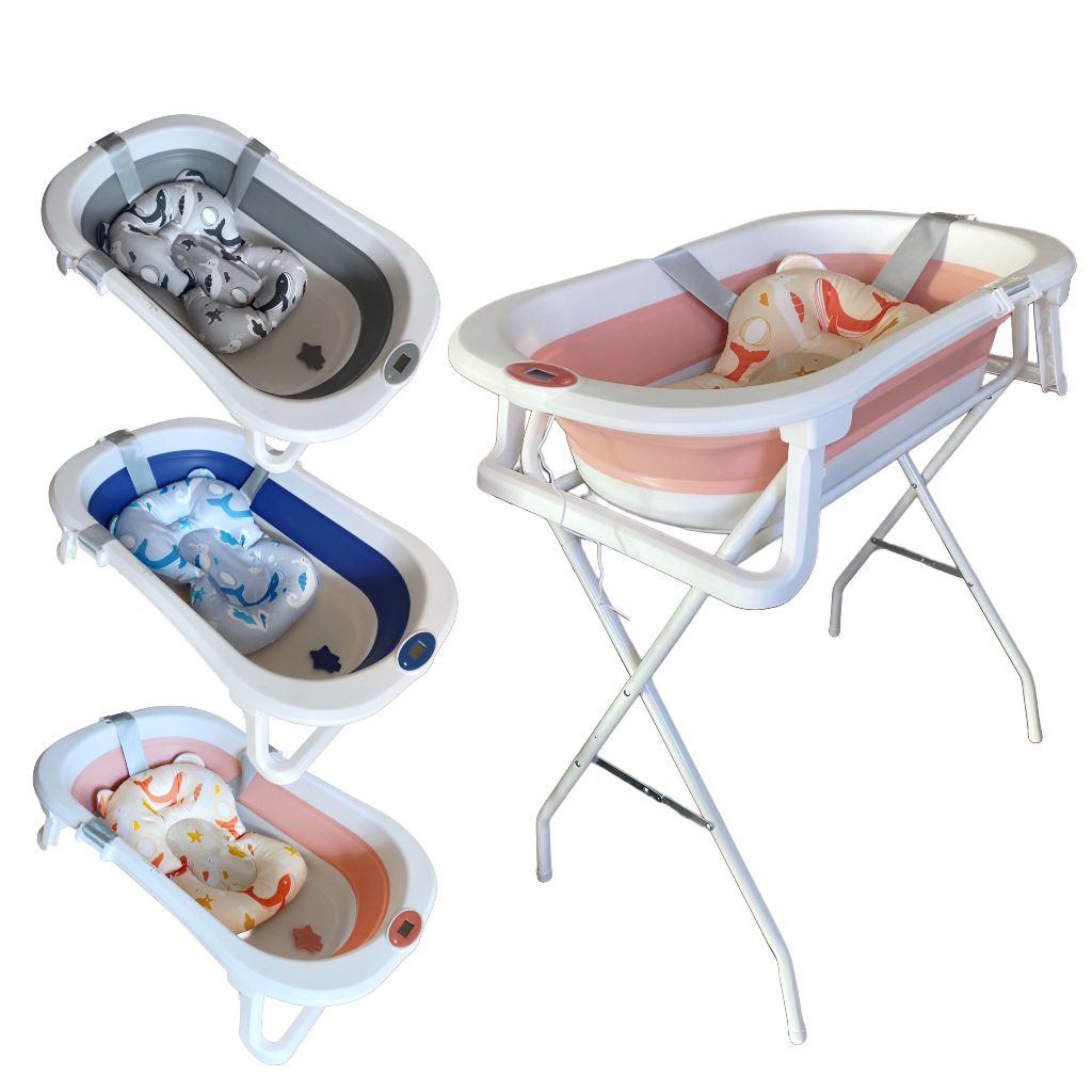 Banheira Infantil Criança Dobrável Compacta Termômetro  Bebê Menino Menina Até 16Kg Bubbly Premium Baby Cinza Azul Rosa
