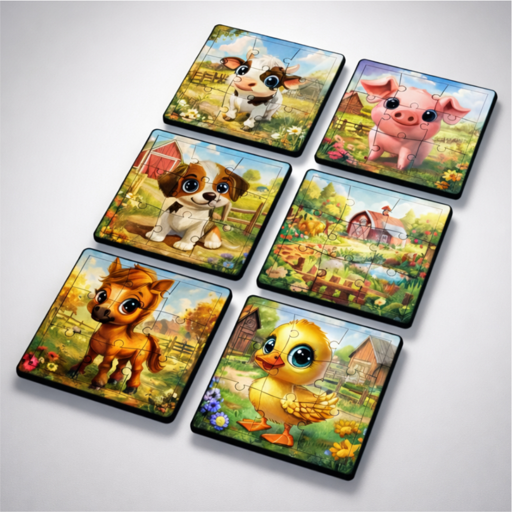 kit 6 quebra cabeça infantil mdf fazendinha feliz animal educativo 60 peças jogo colorido madeira