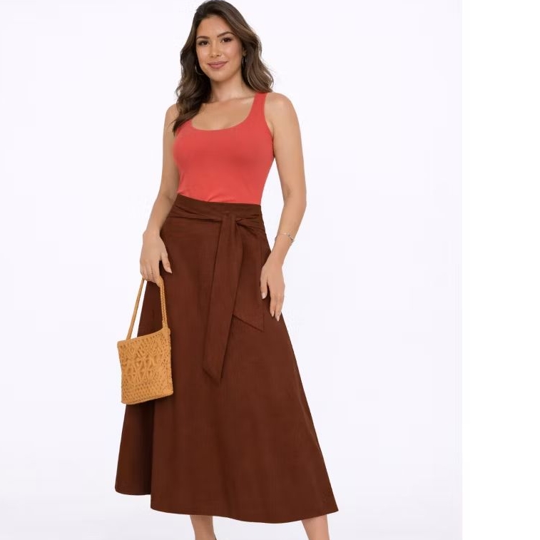 saia femenina Midi em linho em Oferta na Shopee