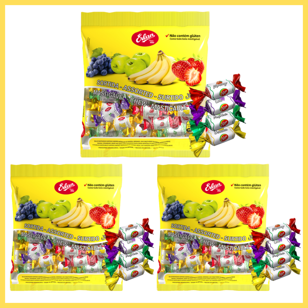 Kit 3 Pacote de Bala Mastigável Macia Sortidas Sabores Frutas 400g Erlan