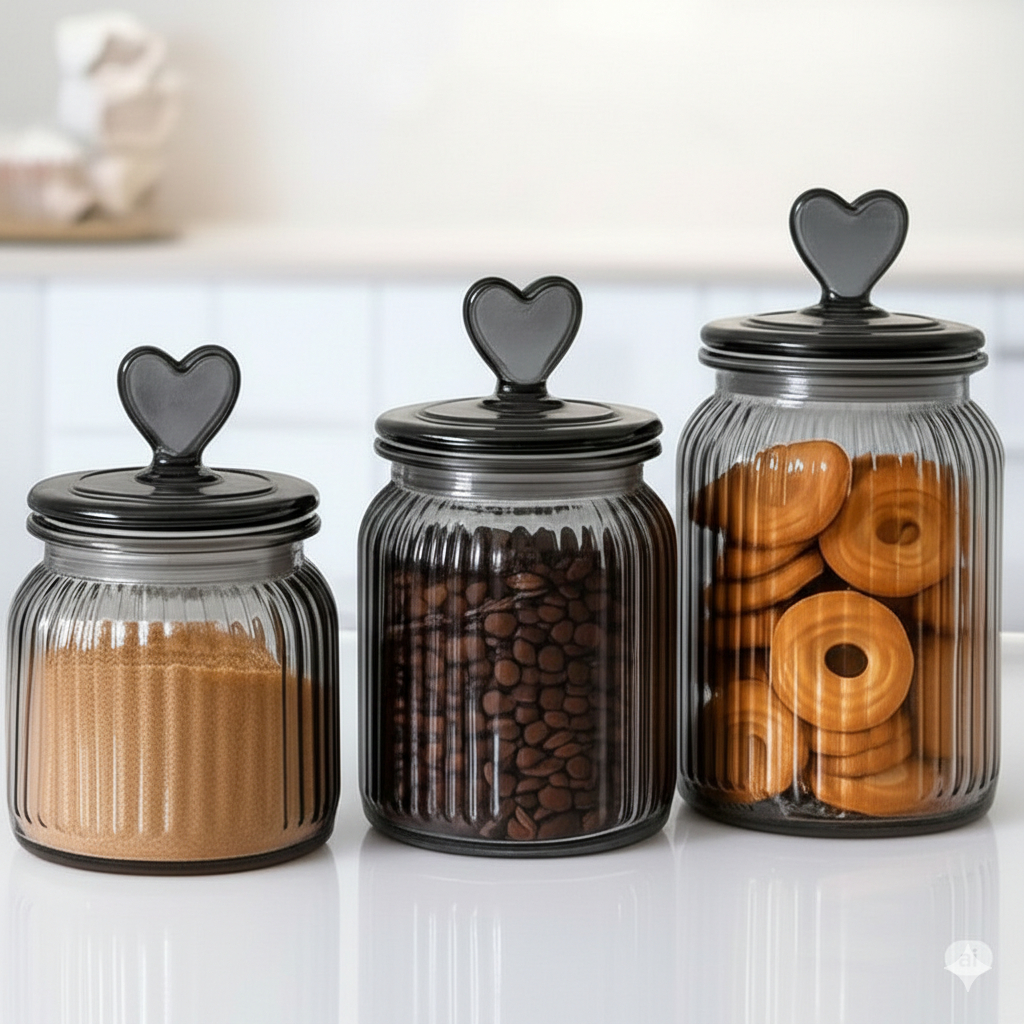 Pote Hermética de Vidro com Tampa de Coração Porta Balas/Doces/Grãos 620mL/950mL/1350mL em Oferta na Shopee