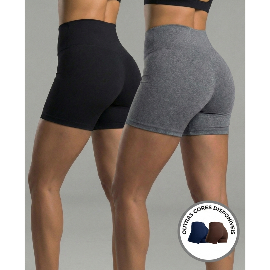 Kit 2 Shorts Fitness Academia Feminino Bermuda Costura Reforçada Preto Azul Cinza Marrom Zero Transparência