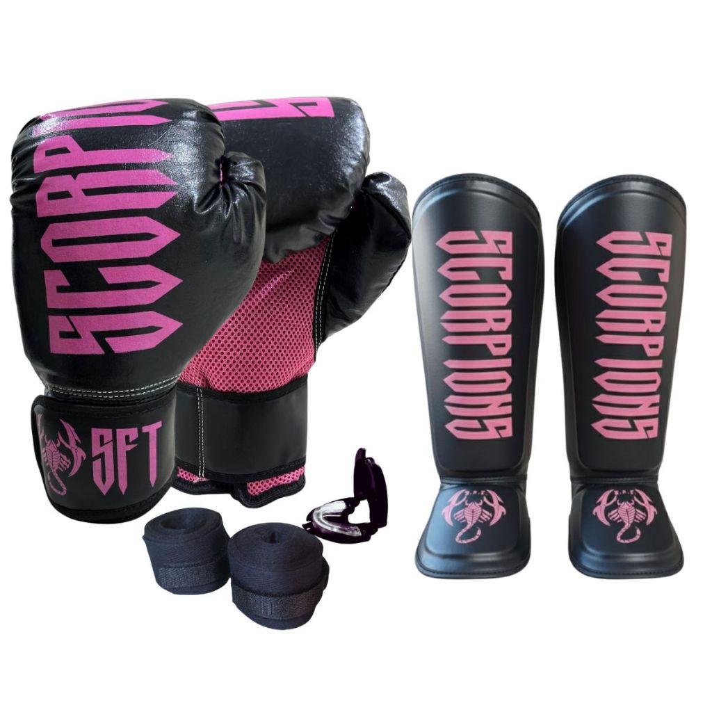 Kit Muay Thai Luva Caneleira Bandagem Bucal scorpions em Oferta na Shopee