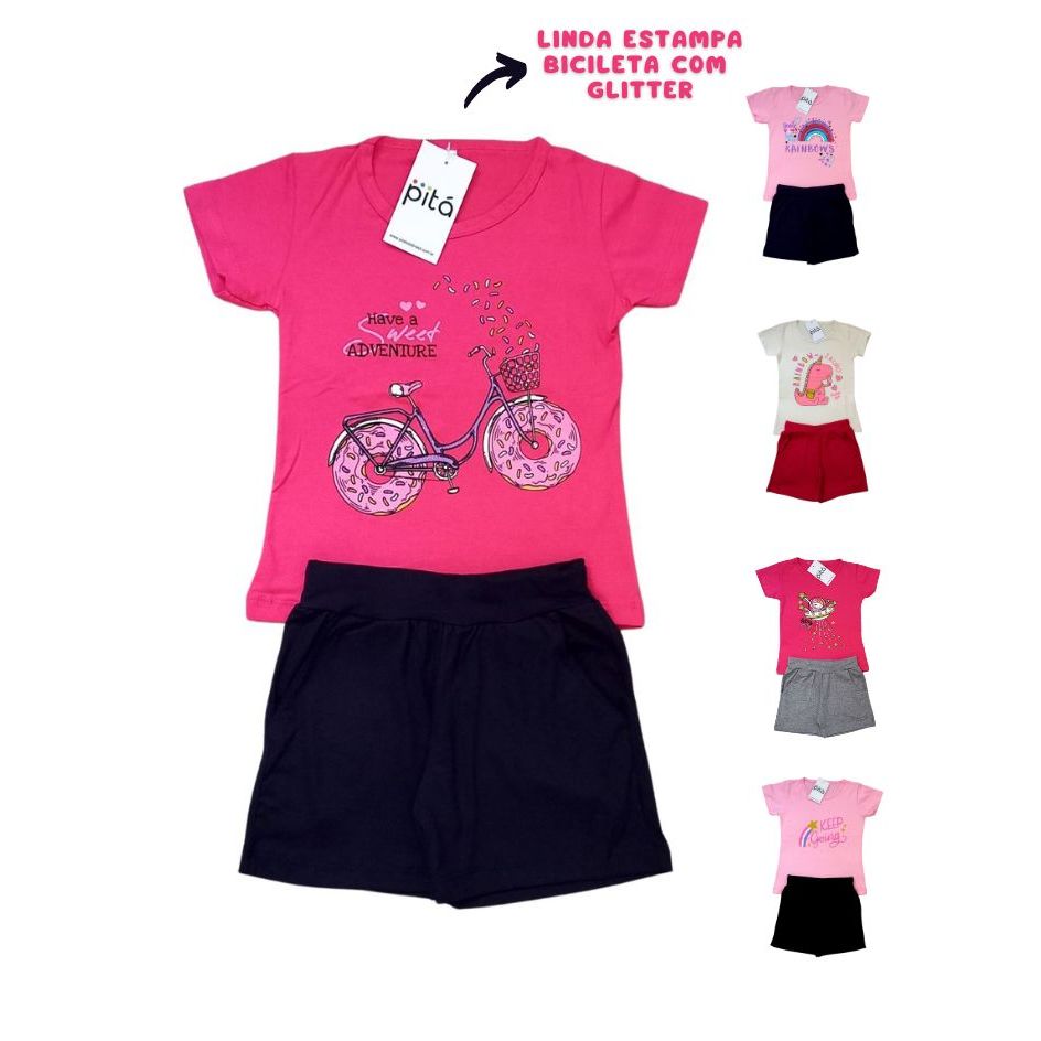 Roupa Infantil Menina  Conjunto Infantil Menina Confortável Blusa e Shorts Tamanhos 01,x02,03,04,06 e 08 Lindas Estampas