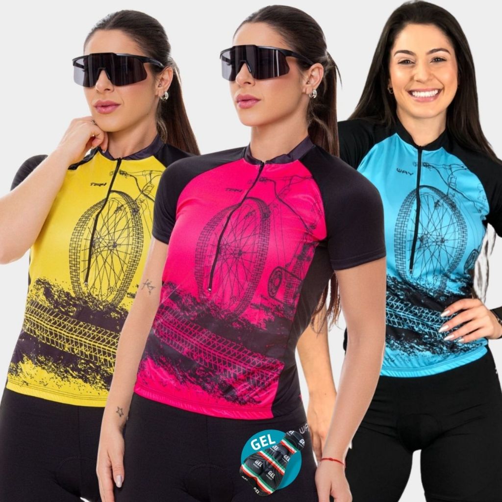 Kit Roupa de Ciclismo Feminina Camisa e Bermuda Camiseta e Short Com Forro em Gel Way Bike Pedal Mtb