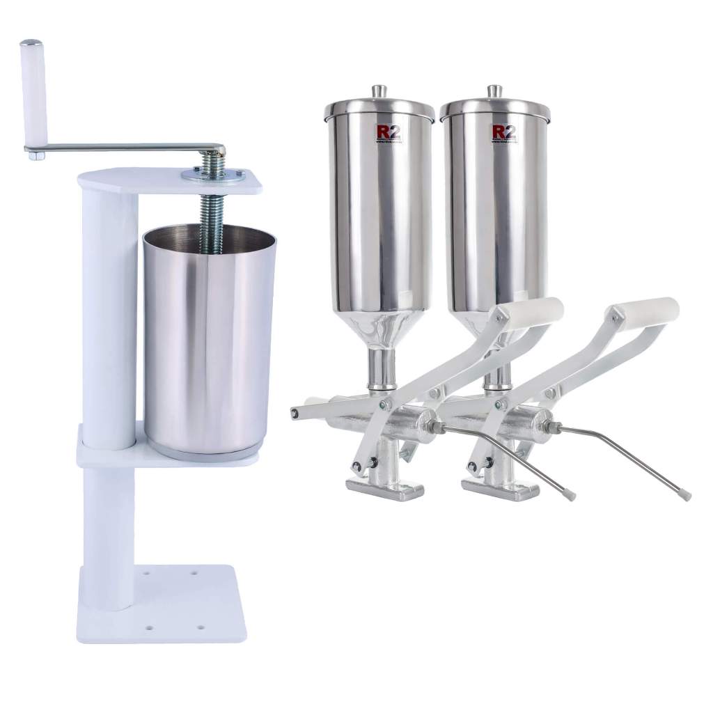 Kit Masseira Máquina Modeladora de Churros Fuso Tubo + 2 Doceiras Recheador Recheadeira de Alumínio 2 Litros + Espanhol