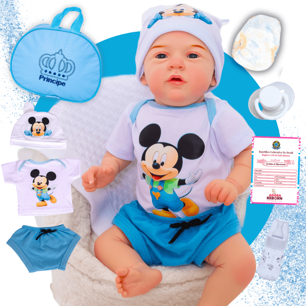 Bebê Reborn Boneco Menino Realista Mickey Original Corpinho em Silicone com Bolsa Maternidade