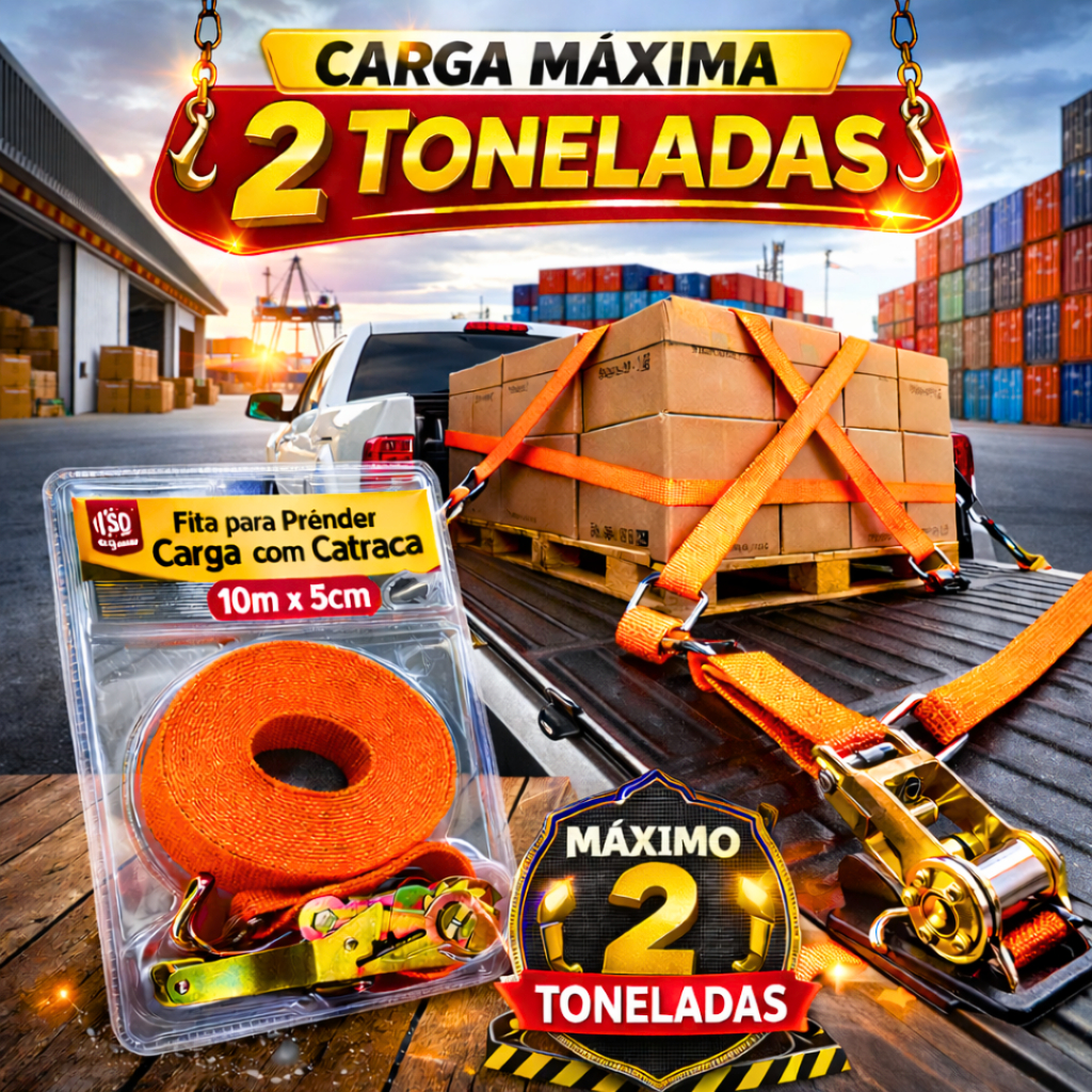 Kit 2 Fita Cinta Fluorescente com Catraca e Ganchos 10M X5C M Carga Amarração Resistente Caminhão