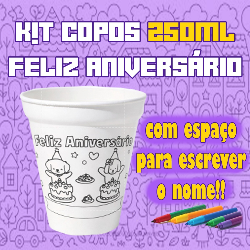 Kit de 10 a 50 Copos para Colorir Feliz Aniversário – Com Espaço para Nome, Brindes, Presente,  🧡 em Oferta na Shopee