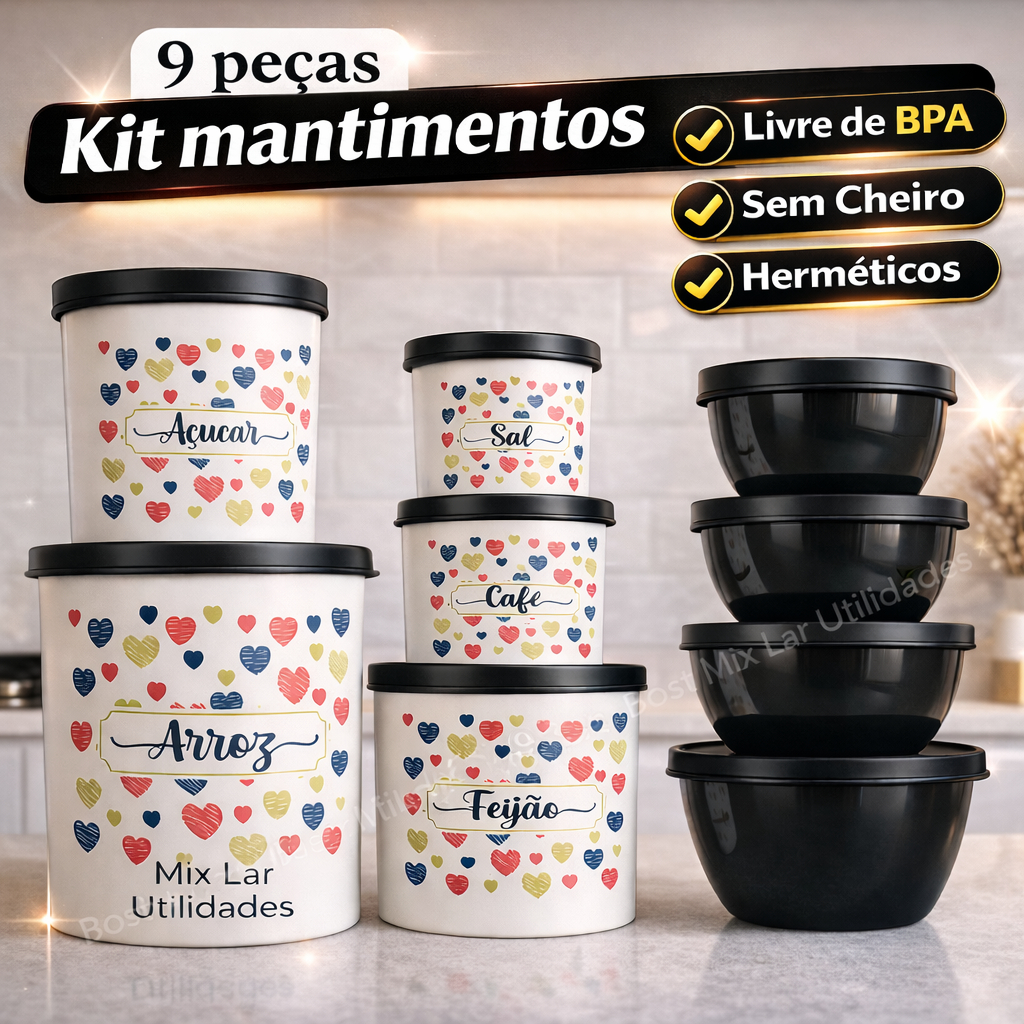Kit de potes para mantimentos de cozinha com 9 peças de plástico decorado