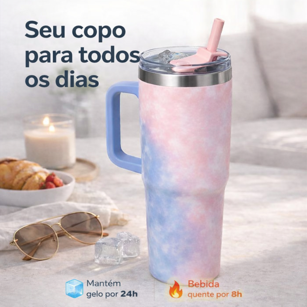 Imagem Copo Térmico Inox Portátil 1200ML com Tampa e Canudo Garrafa Térmica Inoxidável