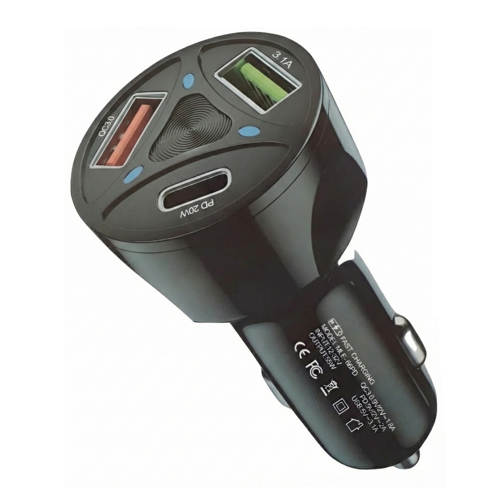 Carregador Veicular Turbo 55W MiniMen 3 Portas USB Tipo-C PD QC 3.0 Rápido Universal Carro