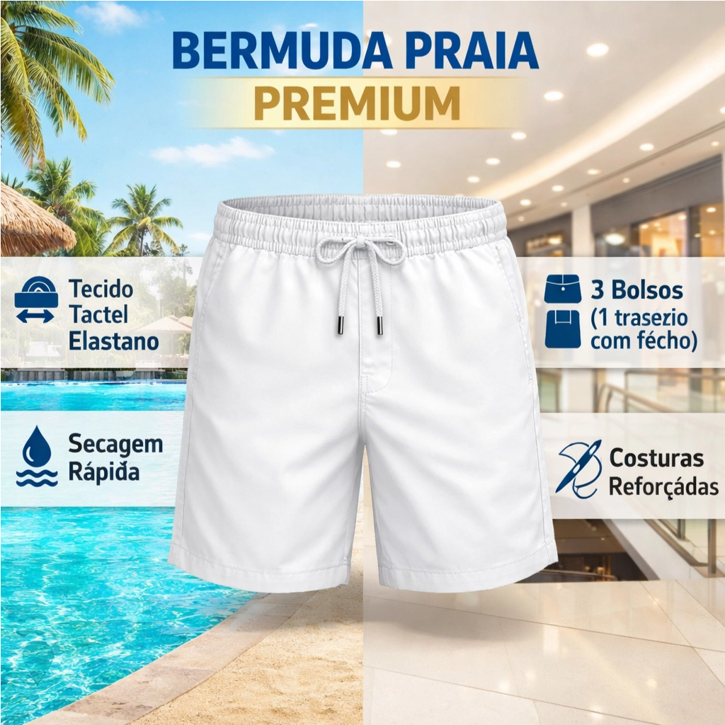 Short Tactel Liso c/ Elastano Masculino Branco-com bolsos 3-confortavel-qualidade-justo ao corpo e caído-treinar-praia