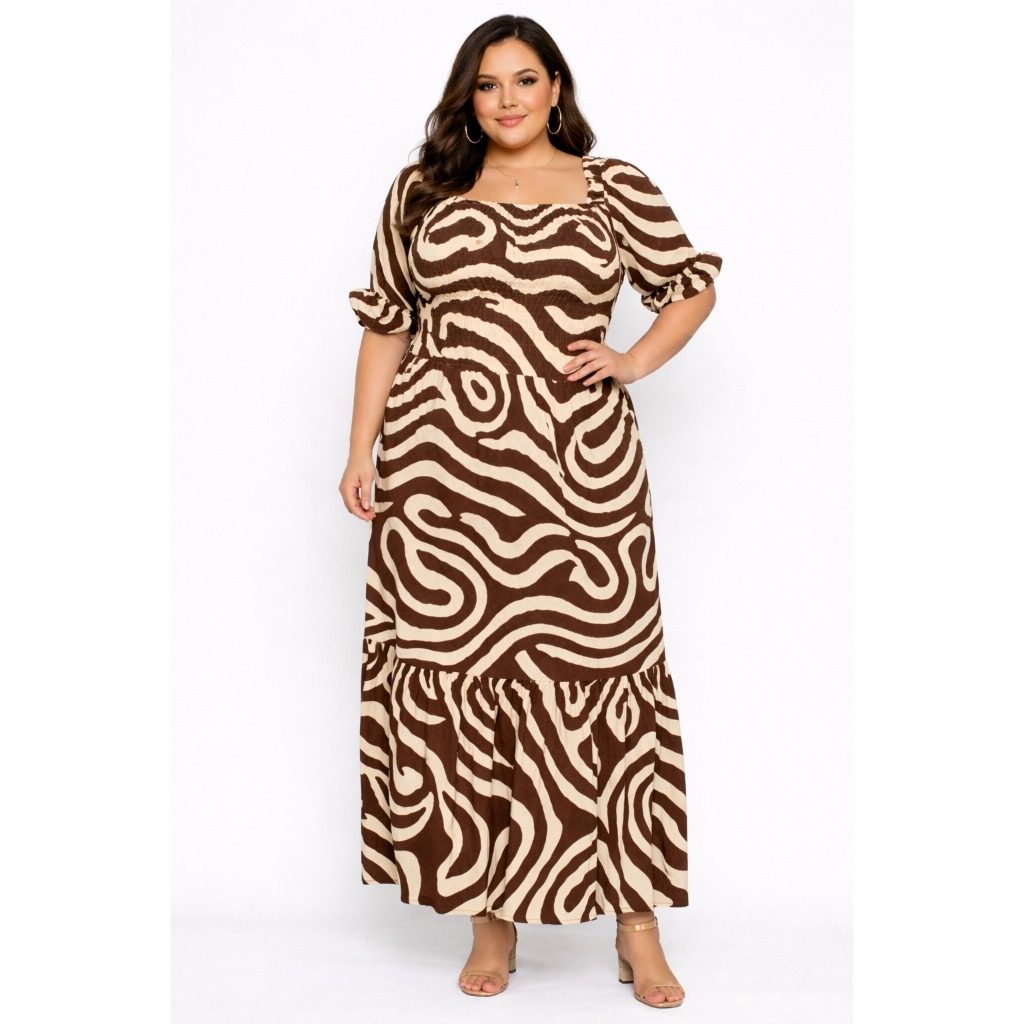 Vestido Longo Plus Size Tropical com Forro