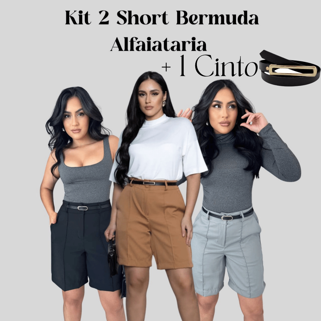 Kit 2 Short Bermudas Feminina Alfaiataria Social FORMA GRANDE ACOMPANHA CINTO em Oferta na Shopee