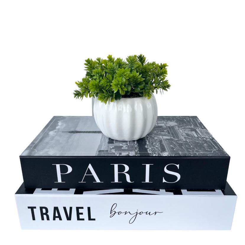 Dupla livro fake + vaso cachepô branco com planta Decoração sala