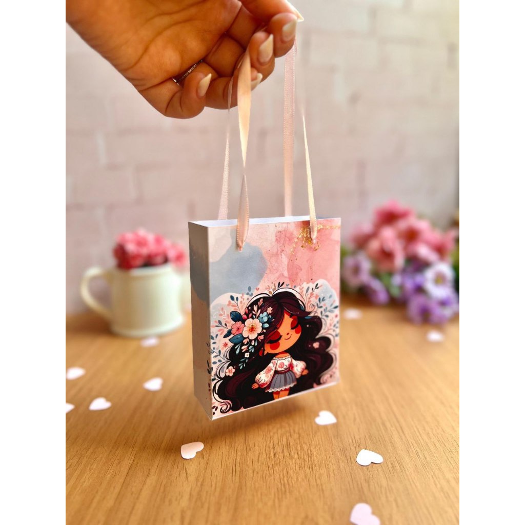 25 Sacola Presente Autocuidado Feminina Luxo |Sacolinha Papel Premium com Alça de Cetim |Embalagem para Dia das Mulheres