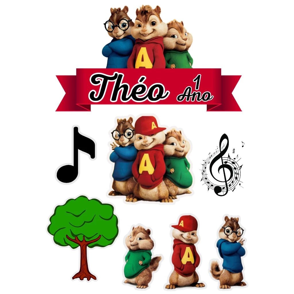 Topo Topper De Bolo Alvin E Os Esquilos Personalizado Aniversário Mesversário e Aniversário