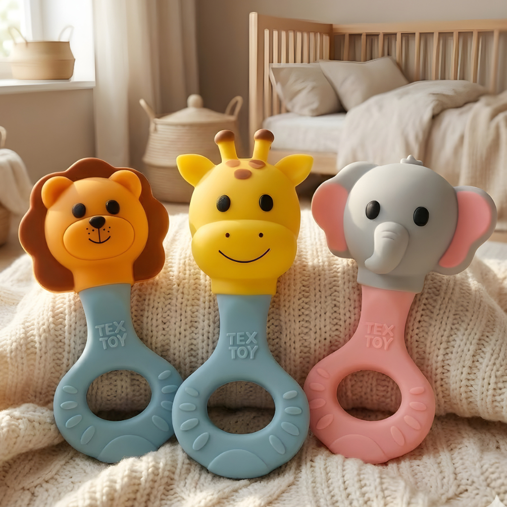 Mordedor Bebê Chocalho Safari Látex Natural Atóxico INMETRO Tex Toy BPA Free