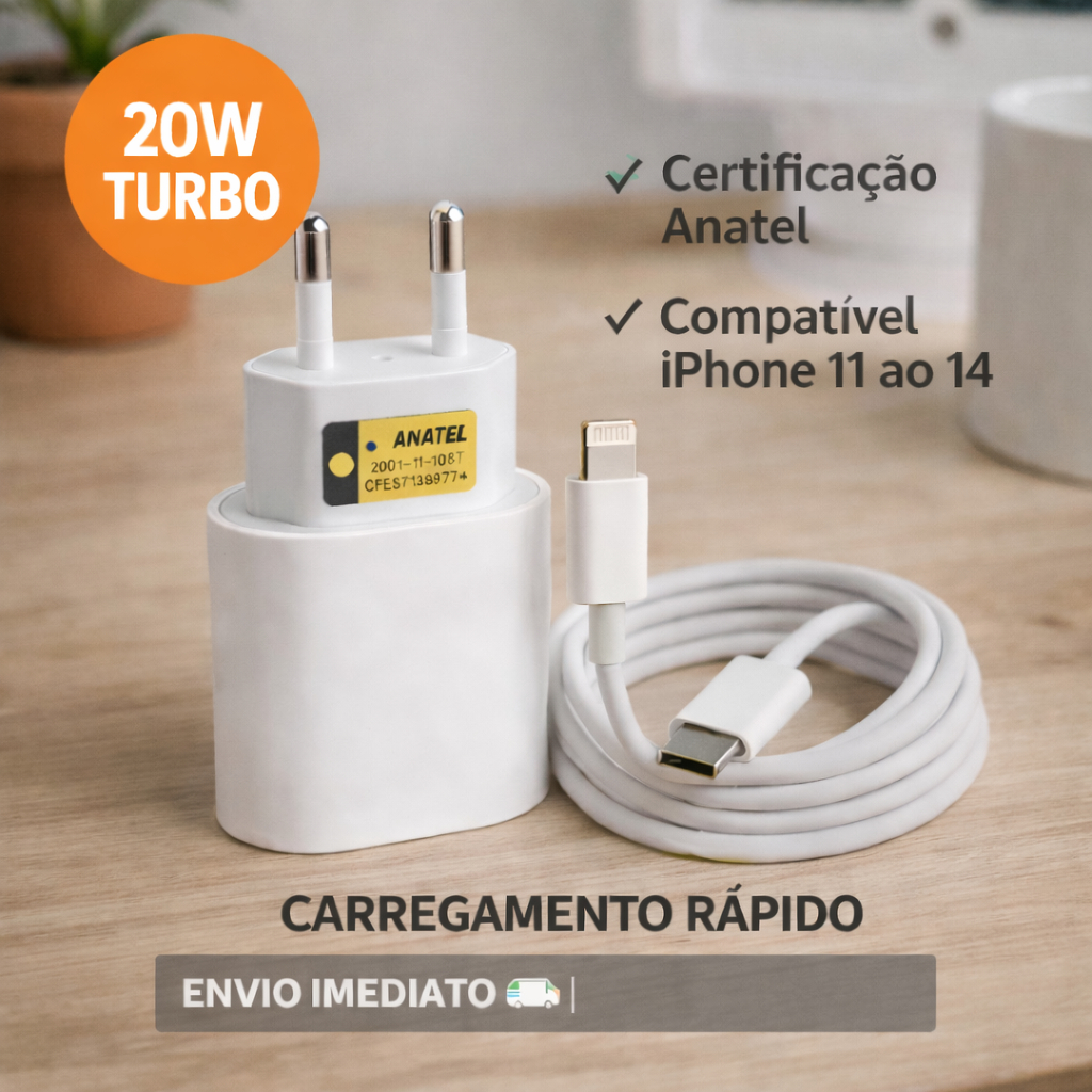 [ORIGINAL] Carregador iPhone 20W Turbo Tipo C Kit Completo Cabo + Fonte Compatível 11 12 13 14 Lacrado