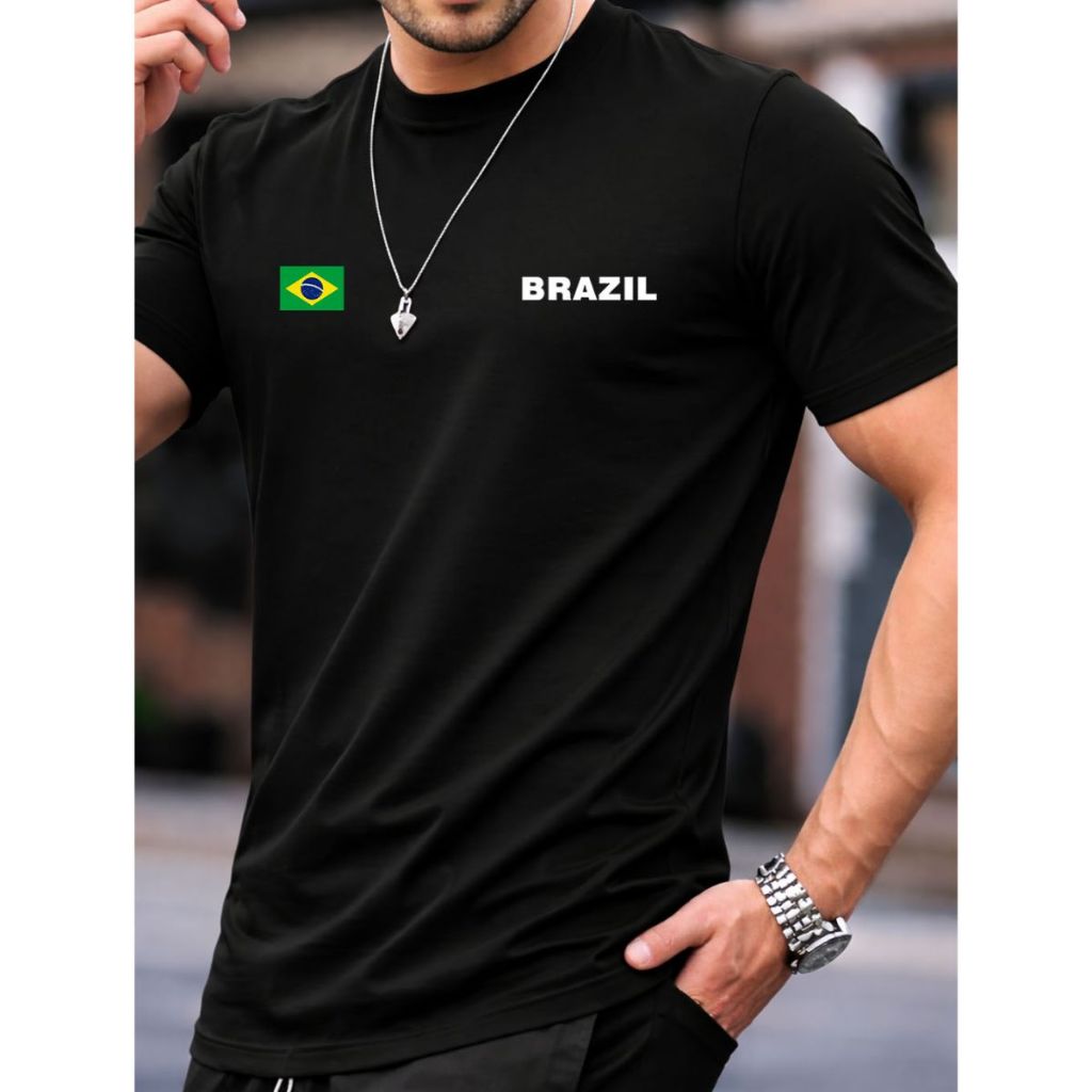 Camiseta Masculina Brasil Copa Do Mundo Camisa 100% Algodão Malha Confortável Gola Redonda