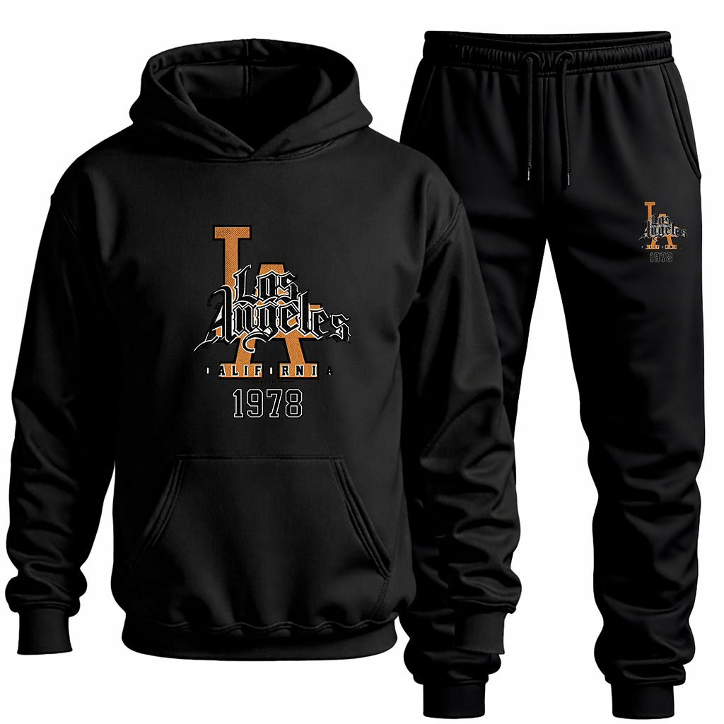 Conjunto Moletom Canguru+Calça Estampa LA Los Angeles Califórnia Blusa Agasalho Casaco Algodão Passeio Treino Academia