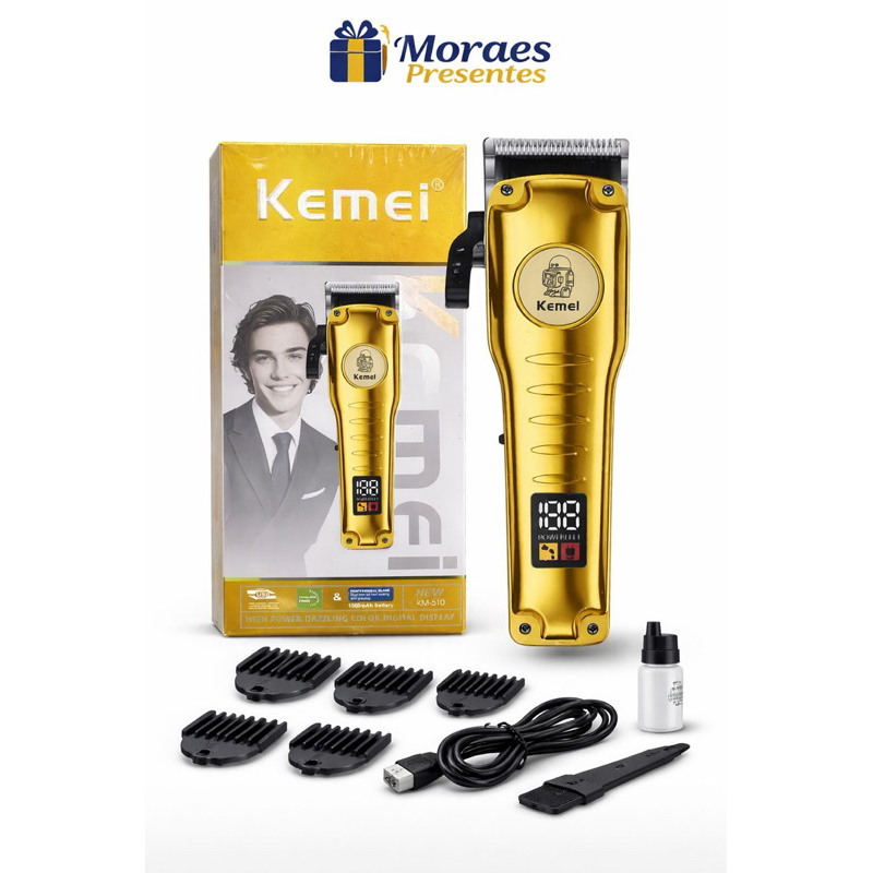 Máquina de cortar cabelo profissional com display digital, recarregável e lâmina de precisão.