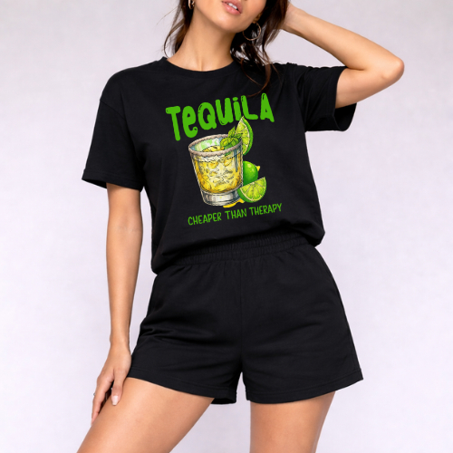 Conjunto Feminino Moletom Tequila Camiseta Estampada + Short Curto Casual Confortável Moda Verão Street COD 658