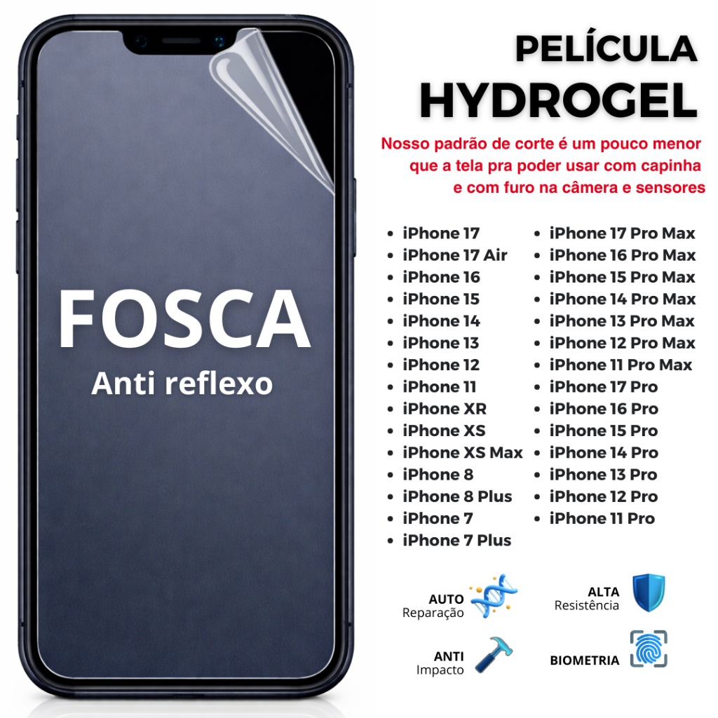 PelÍcula Hidrogel PREMIUM FOSCA Anti Impacto FLEXÍVEL para iPhone 16.15.14.13.12.11.XR.XS.8.7 em Oferta na Shopee