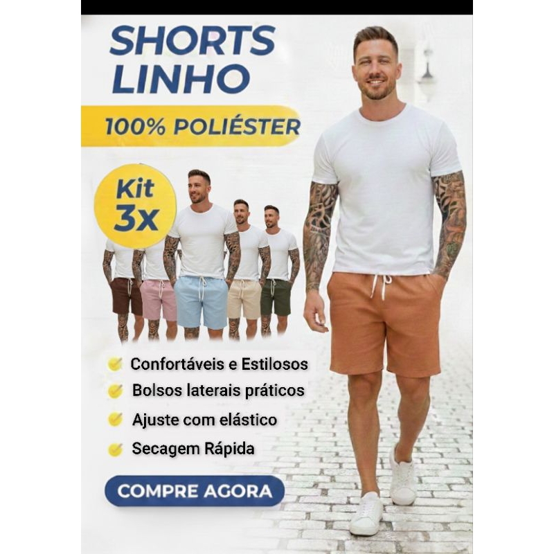 KIT  Short Linho  Masculino Basico alta qualidade Bermuda Mauricinho Praia   1-3-4 peças em Oferta na Shopee