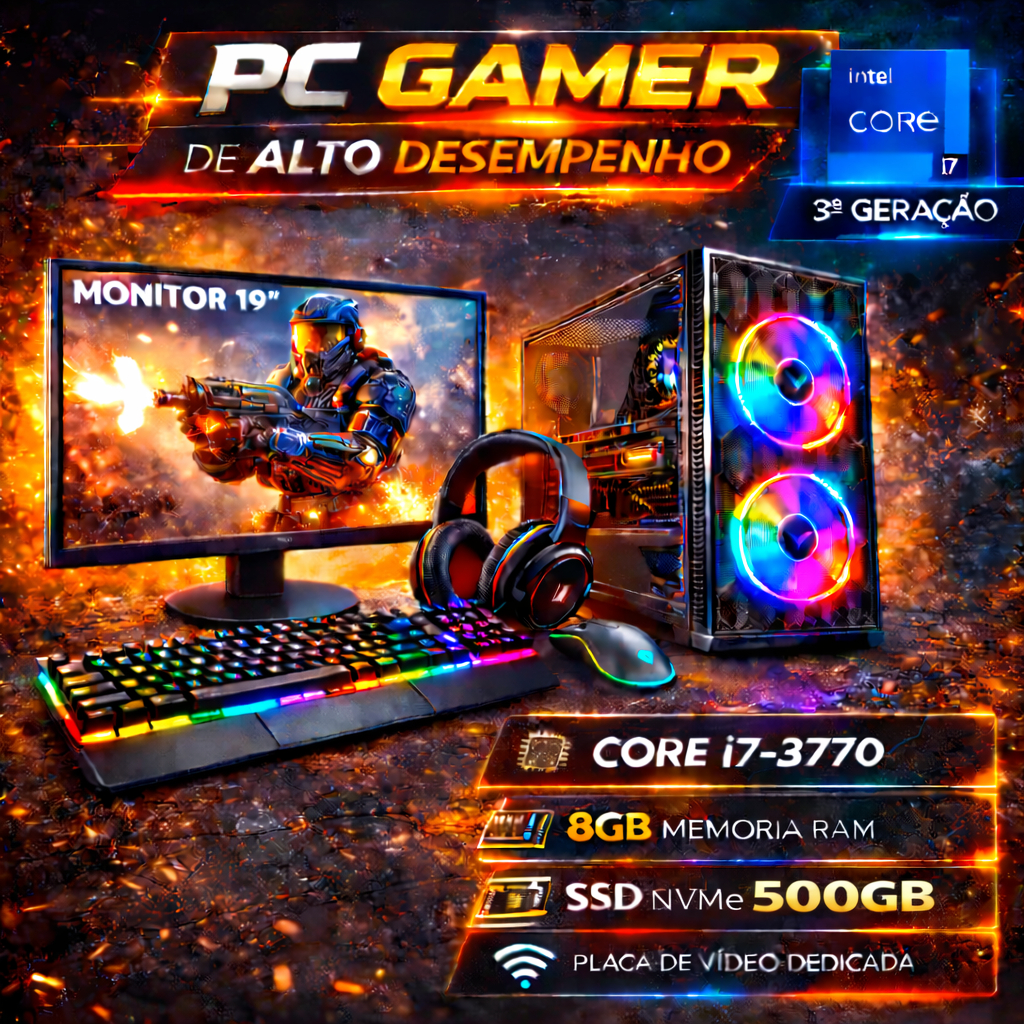 Computador Gamer Completo - i7 3.4Ghz - 8GB RAM - SSD 500GB Nvme - Placa de Vídeo 4GB - Monitor 19"