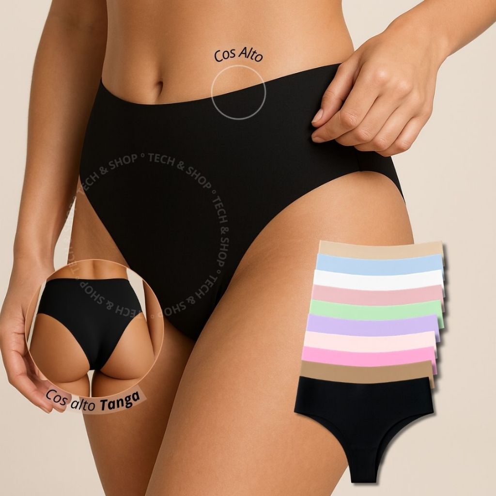 Kit 12,10 ou 3 Calcinhas Cós Alto Tanga Sem Costura Macia Confortável Premium