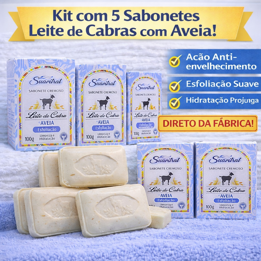 Kit 5 Sabonetes Leite de Cabra e Aveia em Barra Glicerinado Suavitrat Hidratante Esfoliante Natural