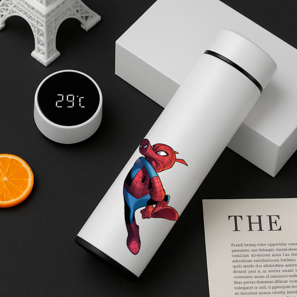 Garrafa Térmica Inox Homem Aranha 500Ml Com Termometro Led Digital Porco Aranha
