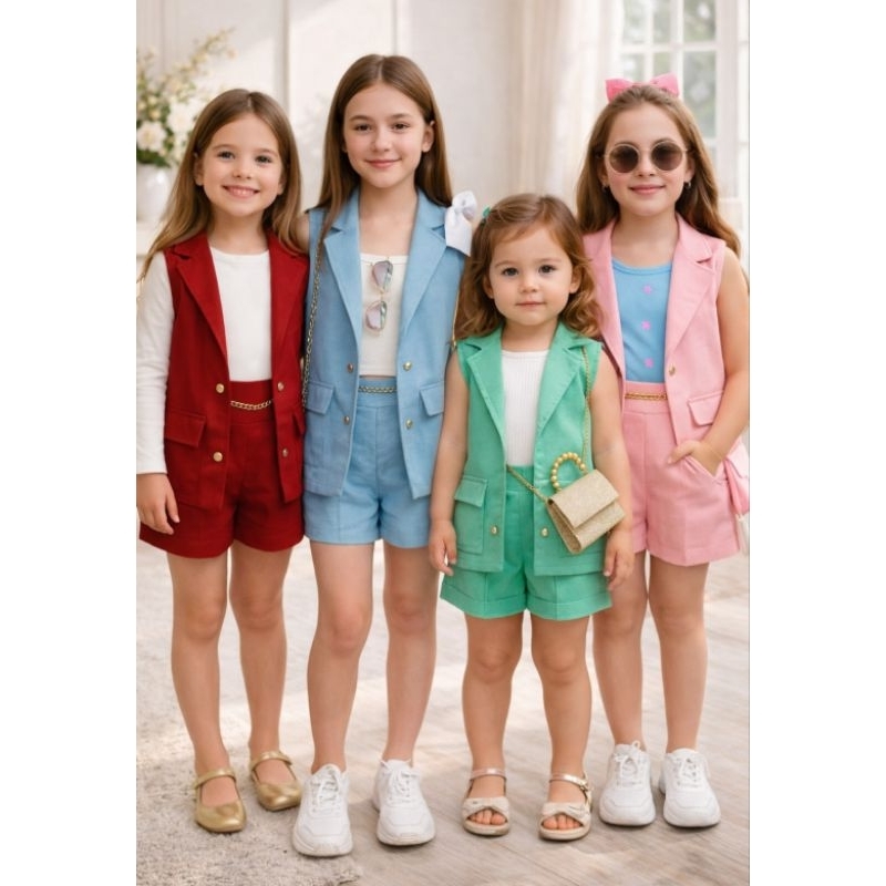 Conjunto kit alfaiataria infantil colete e shorts menina social blazer criança juvenil