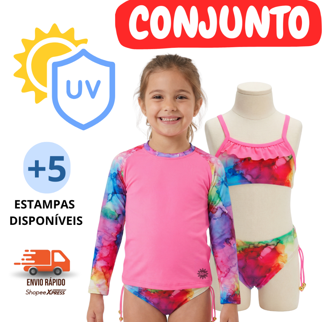 Conjunto 3 Peças Camisa + biquíni Moda Praia/piscina infantil/juvenil 2 ao 16 Anos Confortável em Oferta na Shopee