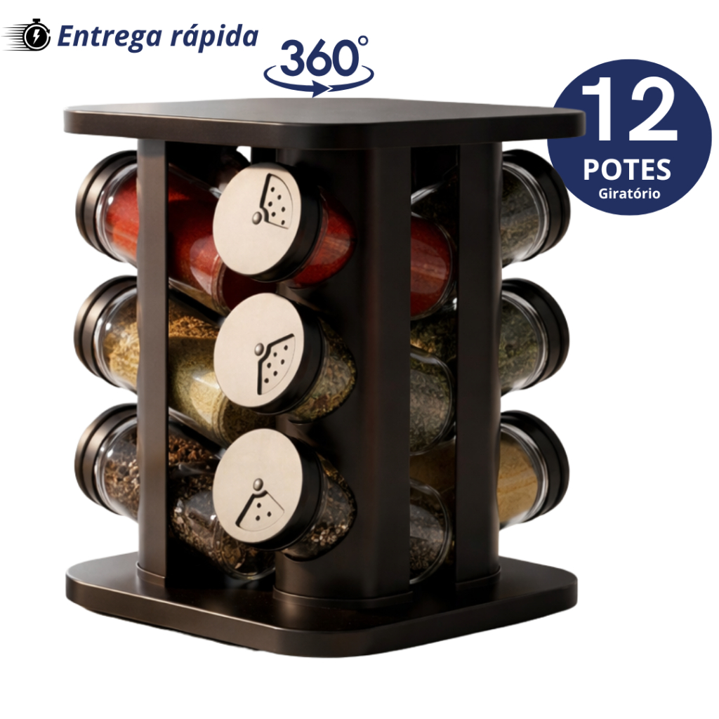 Porta Temperos Condimentos Giratório12/9/6 Potes de Vidro com Tampa Dosadora PROMOÇÃO LIMITADA