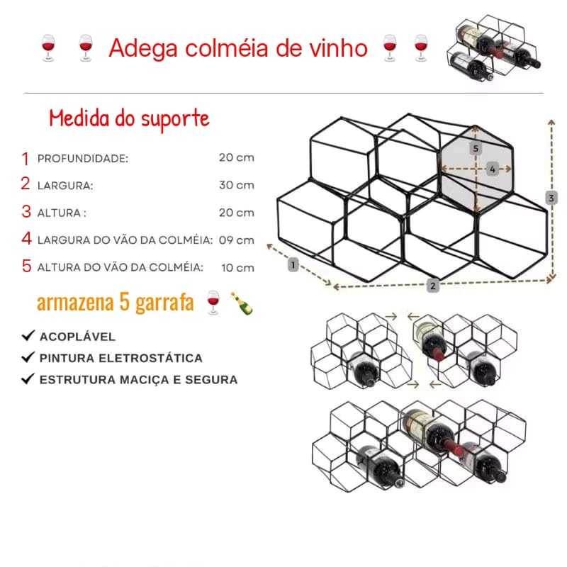 Adega suporte para vinho colmeia p/ 5 garrafas cor preto ou dourada
