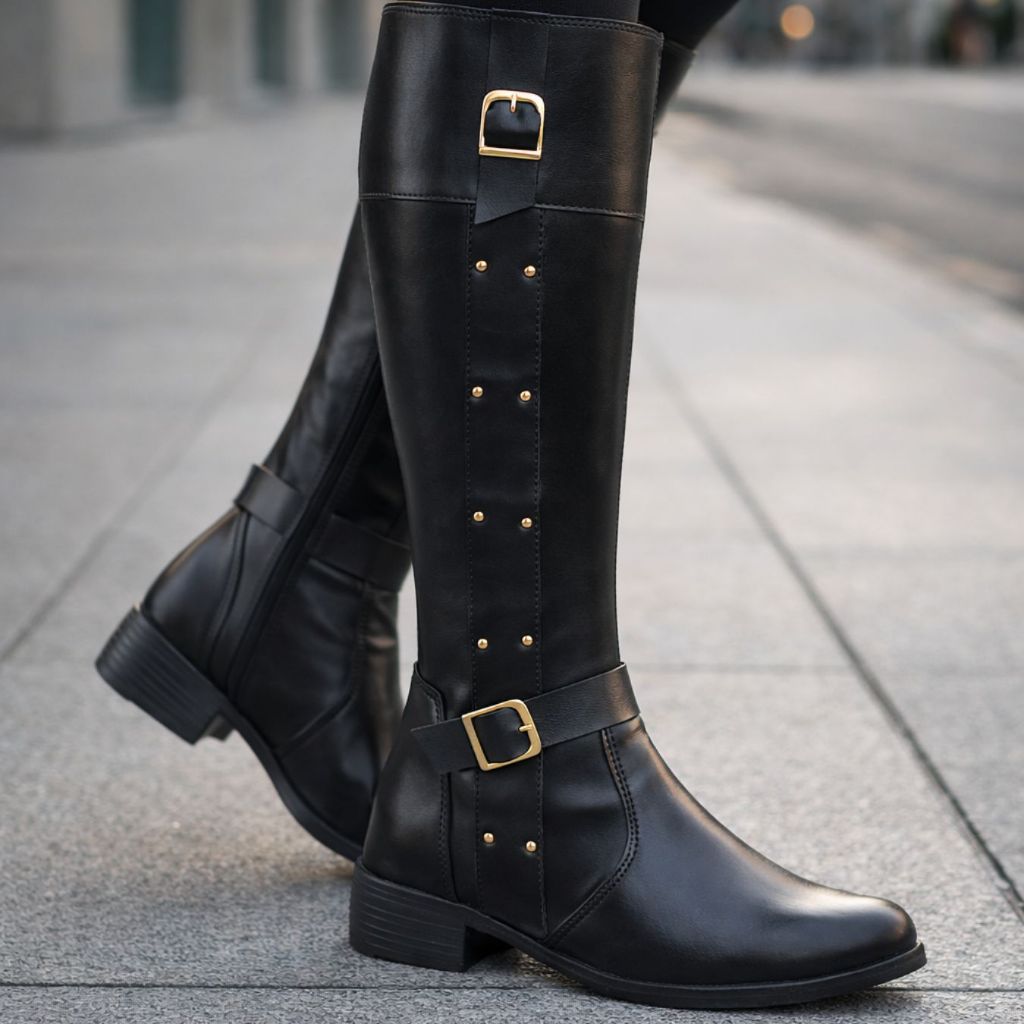 Bota Montaria Feminina Cano Longo Salto Grosso Conforto Elegante Bico Redondo Sintético