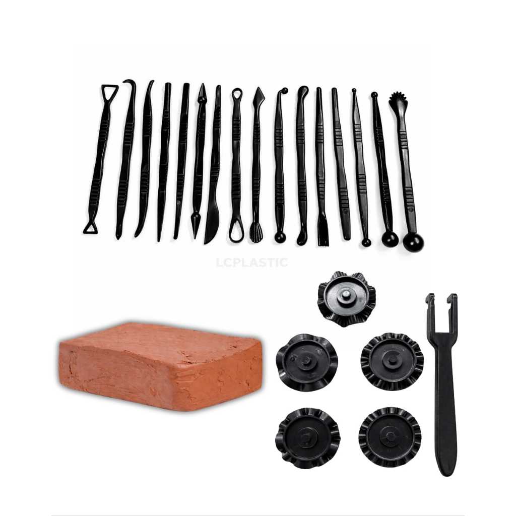 Kit Para Iniciantes : Estecas 16 Pçs + Cortador Carretilha 5 em 1 + 1Kg de Argila Natural em Oferta na Shopee