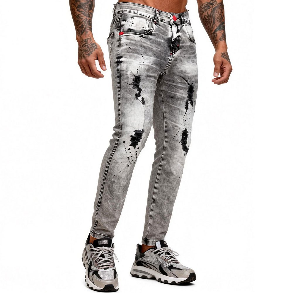 [TUNG JEANS]Calça Jeans Rasgada Homens Autocultivo Cinza Manchas Tinta Calça Jeans