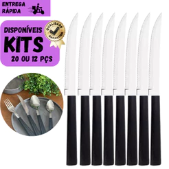 Kits 20 ou 12 Facas de Cozinha Inox Cabo Preto com Serra Ideal Refeições Restaurantes e Uso Diário..