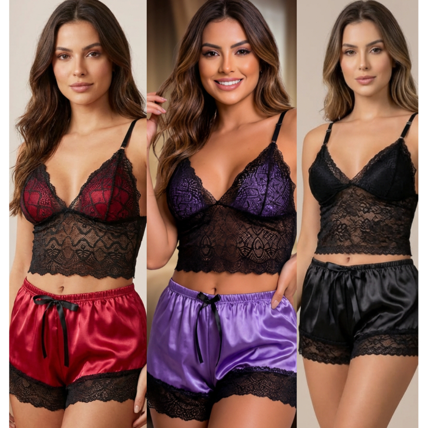 Kit 03 Peças Tamanho G Baby Doll Feminino Cetim  Renda Preta Conjunto Pijama Short e Blusa Renda Sensual l Noite Dormir
