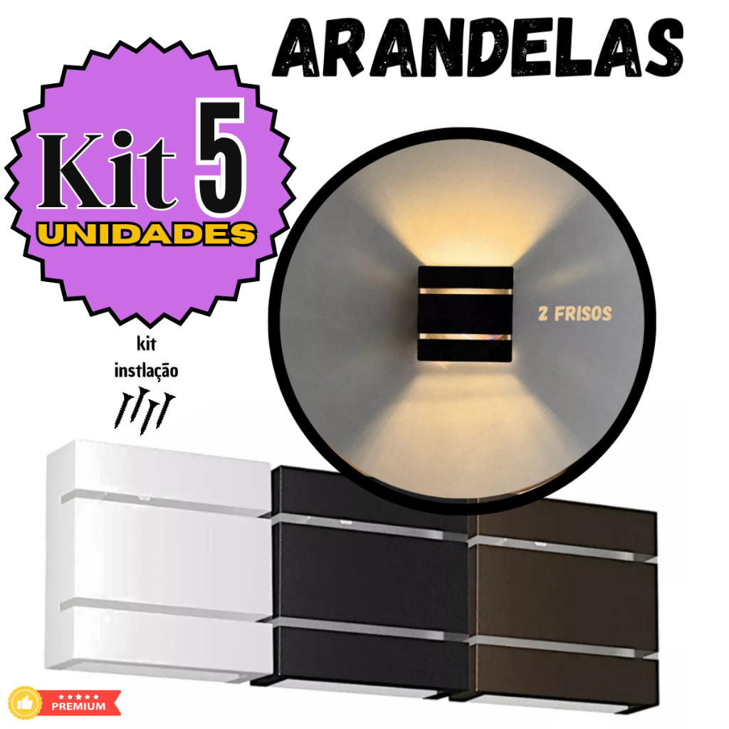 Kit 5 Arandelas Externa 2 Frisos 2 Focos Bivolt Para Parede Muro Jardim Condomínio chácara sítio