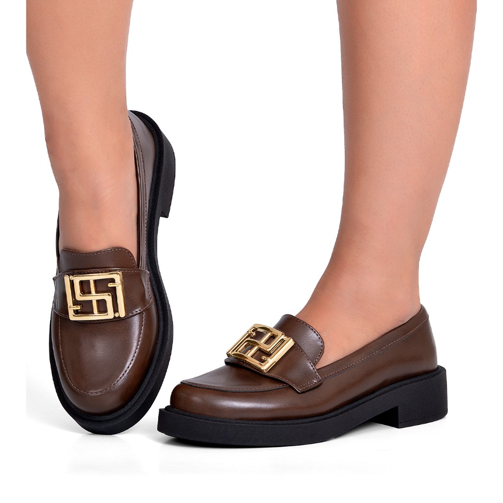 Mocassim Feminino Lumiss Baixo Confortável Enfeite Metalizado Dourado Marrom