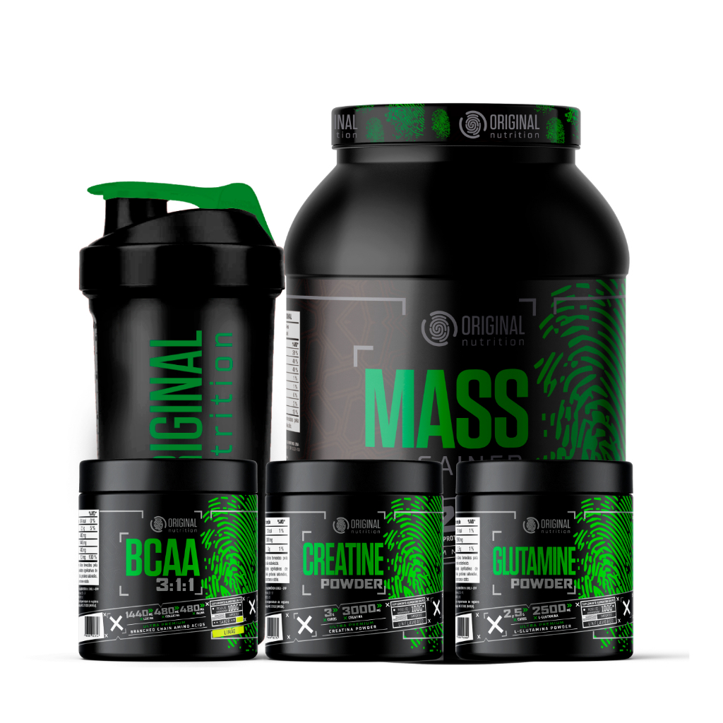 Kit Massa Hipercalórico MASS GAINER 1800G + Bcaa 300G + Creatina 300G + Glutamina 300G - Original em Oferta na Shopee