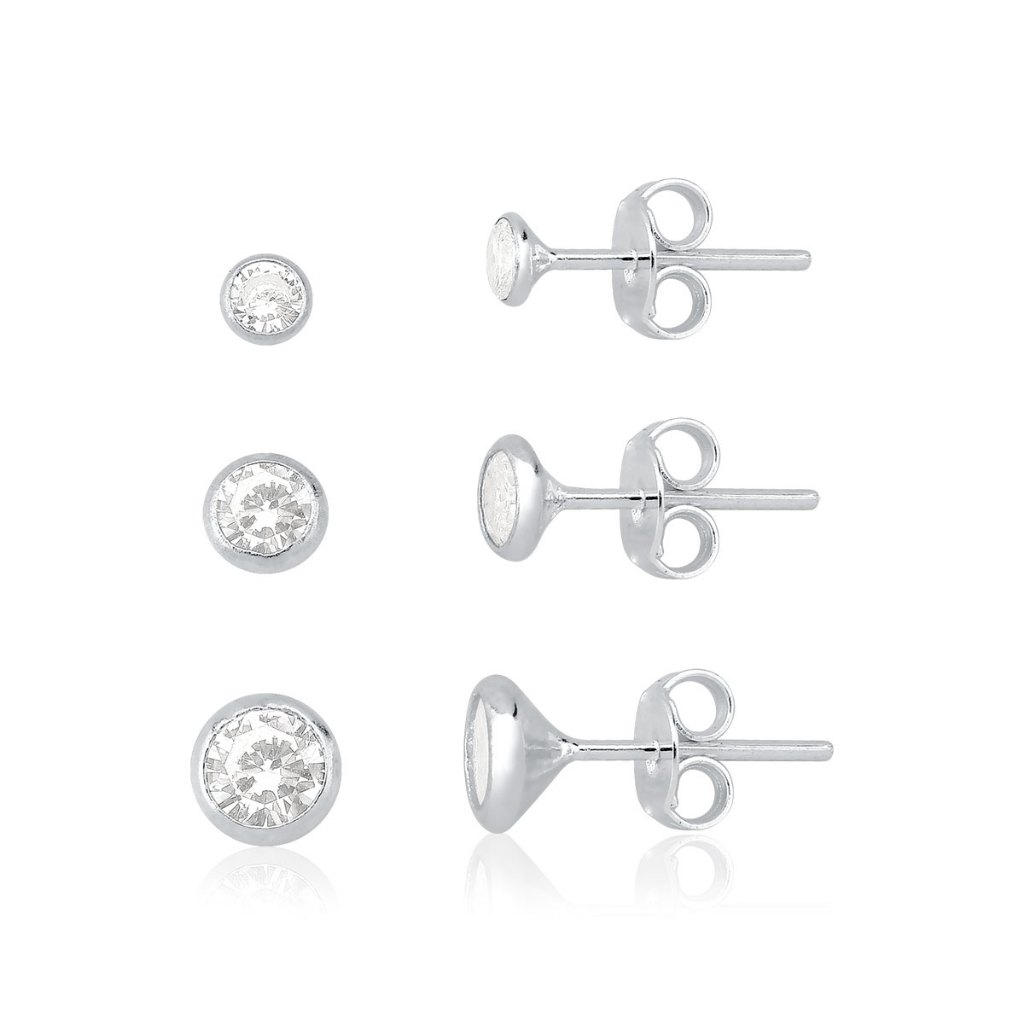 Trio de brincos prata 925 - Cravação inglesa em Oferta na Shopee